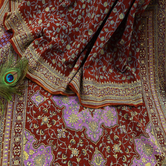 Indian Pre-Owned Sari Brown Pure Crepe Silk Pre-owned Hand Embroidered Ritu Kumar Designer Sarees Fabric 5Yd Ethnic Bollywood Party sari