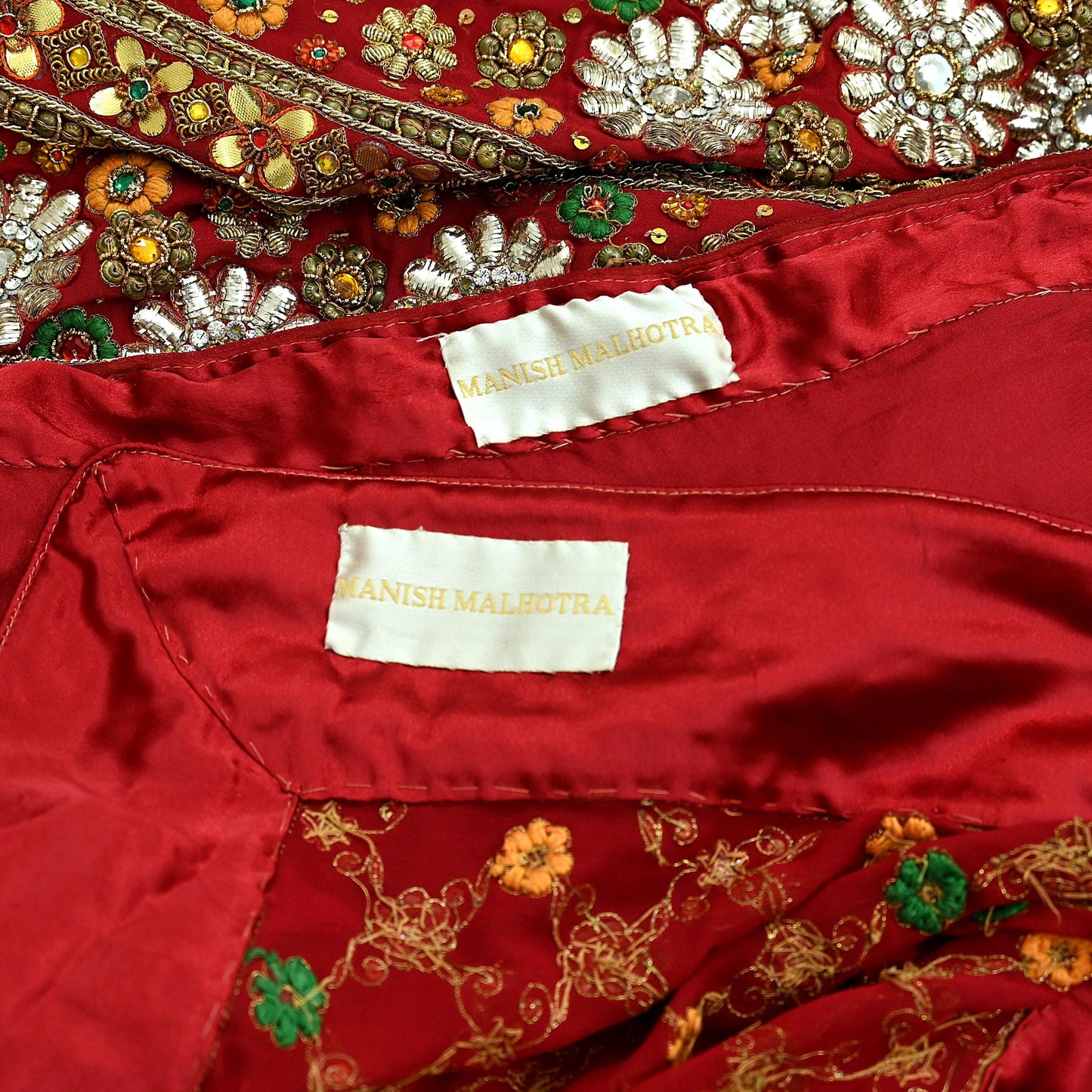Indian Vintage Heavy Red Pure Georgette Silk Hand Embroidered Unstitched Lehenga 2Pcs Set Designer By Manish Malhotra