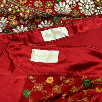 Indian Vintage Heavy Red Pure Georgette Silk Hand Embroidered Unstitched Lehenga 2Pcs Set Designer By Manish Malhotra