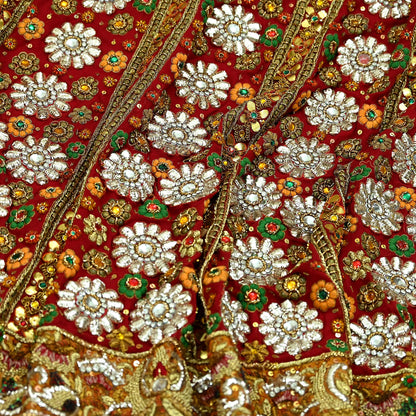 Indian Vintage Heavy Red Pure Georgette Silk Hand Embroidered Unstitched Lehenga 2Pcs Set Designer By Manish Malhotra