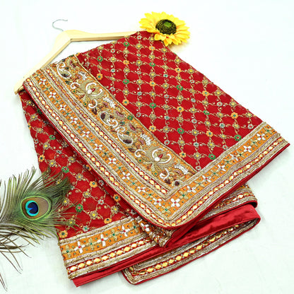 Indian Pre-owned Heavy Red Pure Georgette Silk Hand Embroidered Dupatta Designer By Manish Malhotra Bridal Wear Dabka Zardozi Veil Hijab