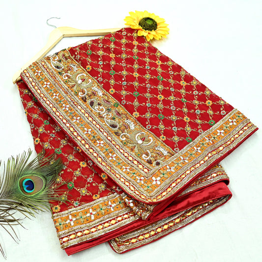 Indian Pre-owned Heavy Red Pure Georgette Silk Hand Embroidered Dupatta Designer By Manish Malhotra Bridal Wear Dabka Zardozi Veil Hijab