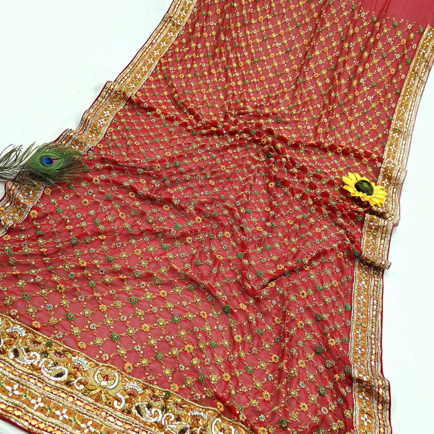 Indian Pre-owned Heavy Red Pure Georgette Silk Hand Embroidered Dupatta Designer By Manish Malhotra Bridal Wear Dabka Zardozi Veil Hijab
