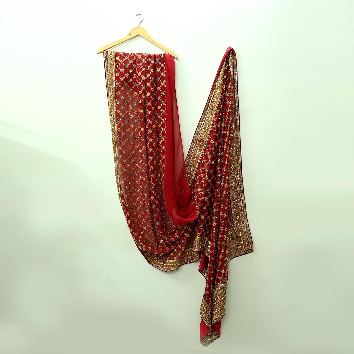 Indian Pre-owned Heavy Red Pure Georgette Silk Hand Embroidered Dupatta Designer By Manish Malhotra Bridal Wear Dabka Zardozi Veil Hijab
