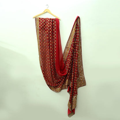 Indian Pre-owned Heavy Red Pure Georgette Silk Hand Embroidered Dupatta Designer By Manish Malhotra Bridal Wear Dabka Zardozi Veil Hijab