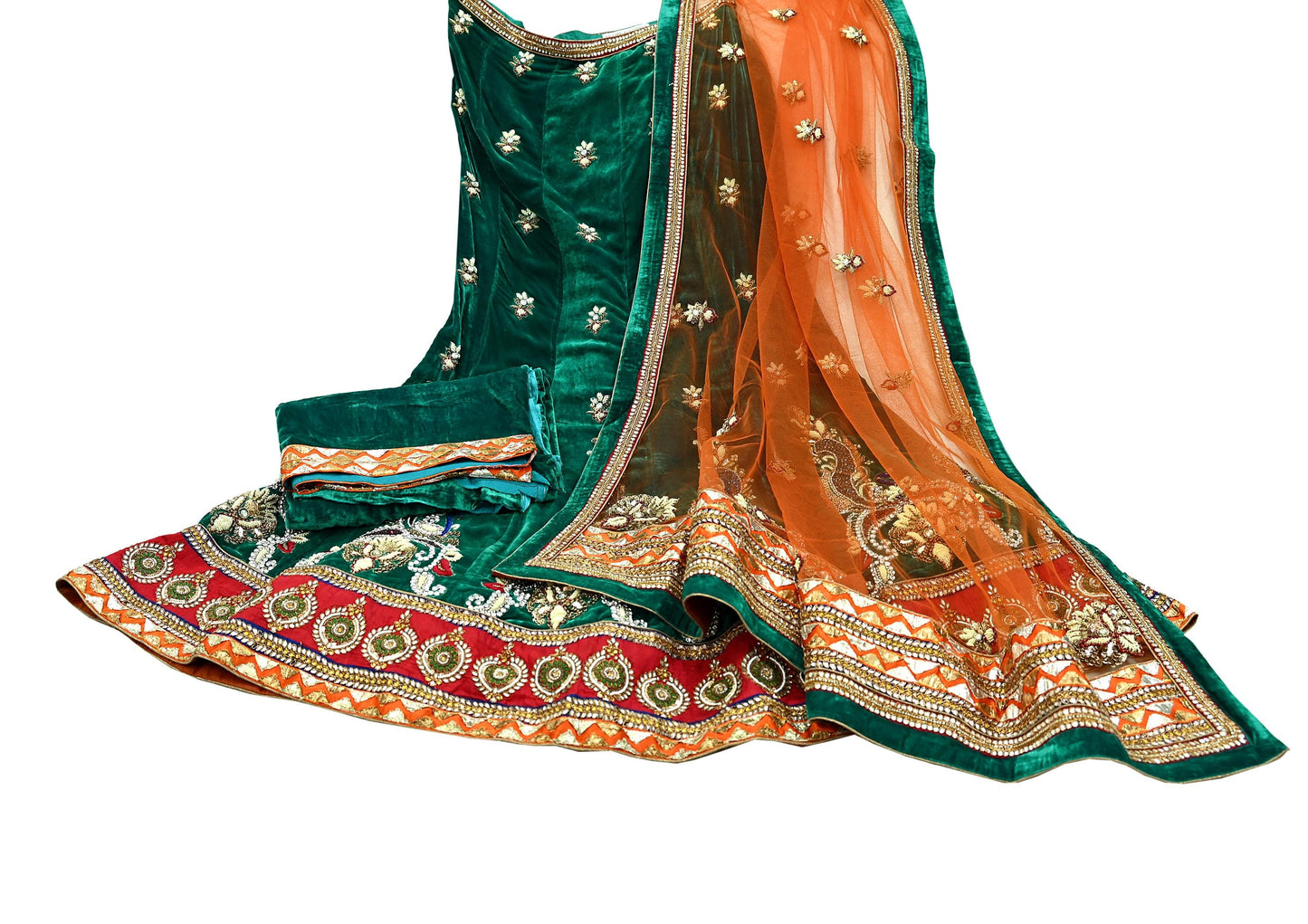 Indian Heavy Wedding Green & Orange Net/Mesh/Velvet Hand Embroidered Fish Cut Lehenga 3pcs Set Designer By Anamika Khanna Party Wear Peacock