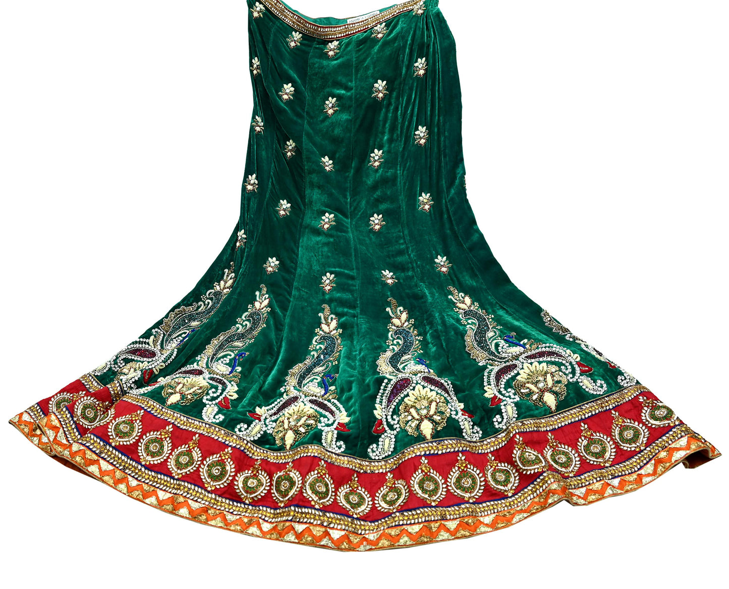 Indian Heavy Wedding Green & Orange Net/Mesh/Velvet Hand Embroidered Fish Cut Lehenga 3pcs Set Designer By Anamika Khanna Party Wear Peacock