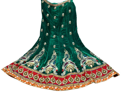 Indian Heavy Wedding Green & Orange Net/Mesh/Velvet Hand Embroidered Fish Cut Lehenga 3pcs Set Designer By Anamika Khanna Party Wear Peacock
