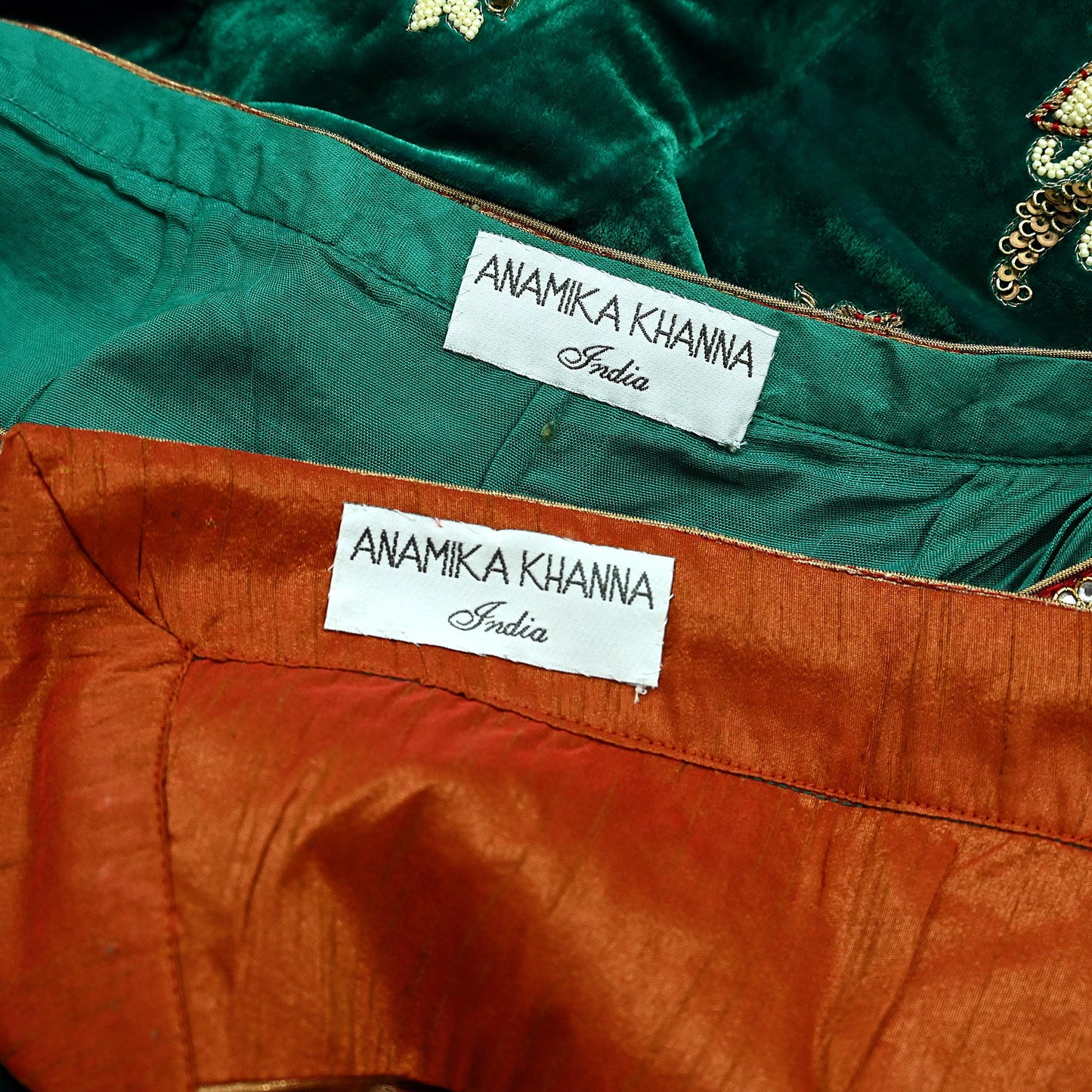Indian Heavy Wedding Green & Orange Net/Mesh/Velvet Hand Embroidered Fish Cut Lehenga 3pcs Set Designer By Anamika Khanna Party Wear Peacock