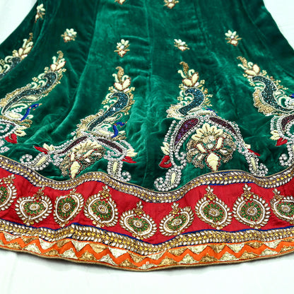 Indian Heavy Wedding Green & Orange Net/Mesh/Velvet Hand Embroidered Fish Cut Lehenga 3pcs Set Designer By Anamika Khanna Party Wear Peacock
