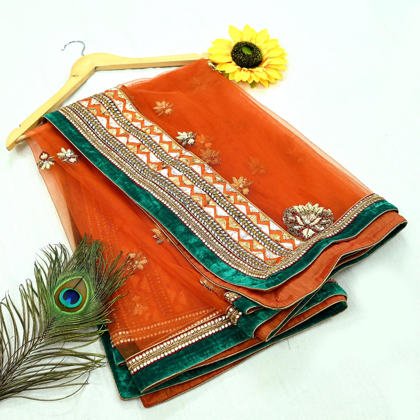 Indian Heavy Wedding Green & Orange Net/Mesh/Velvet Hand Embroidered Fish Cut Lehenga 3pcs Set Designer By Anamika Khanna Party Wear Peacock