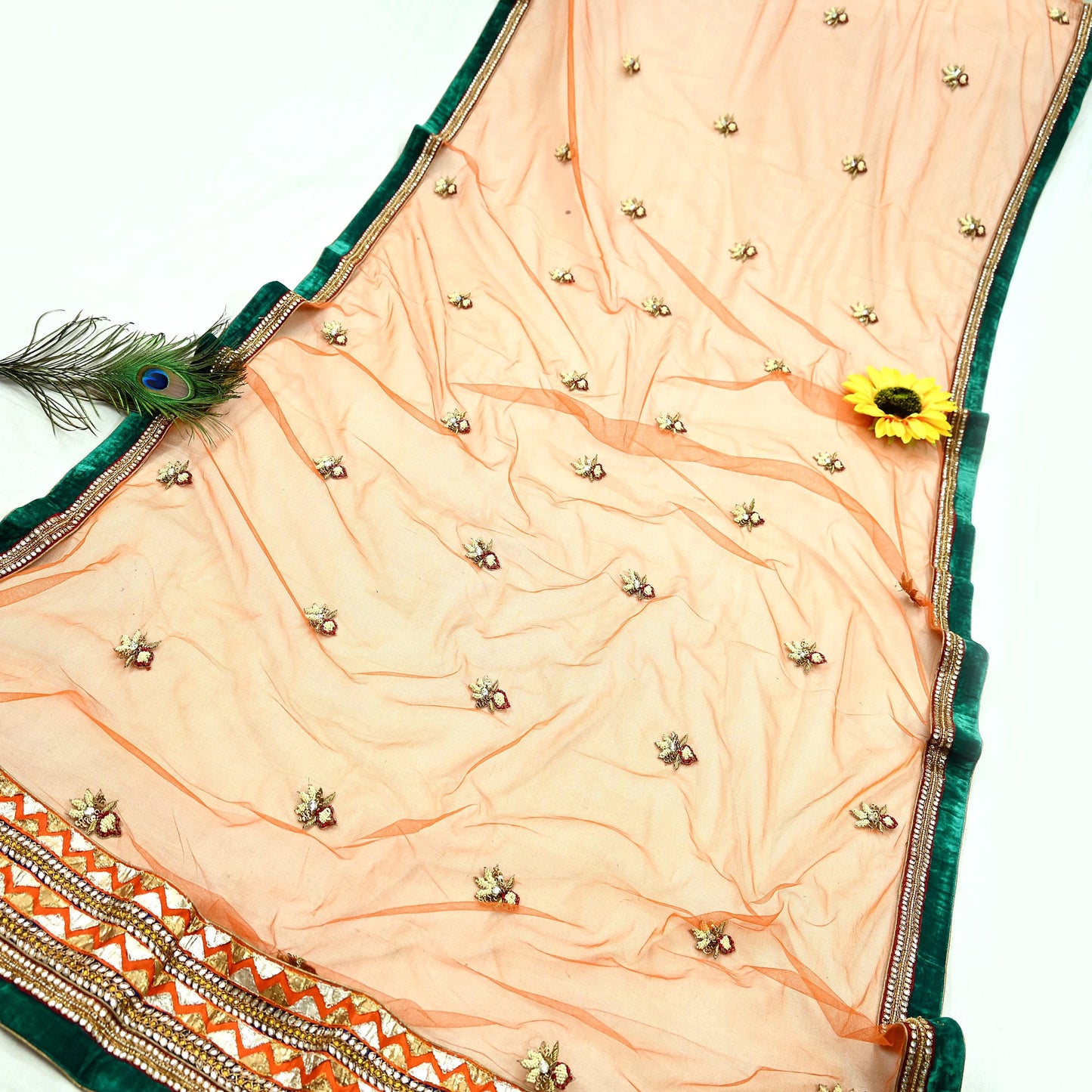 Indian Vintage Heavy Wedding Orange Net/Mesh/ Velvet Hand Embroidered Dupatta Designer By Anamika Khanna Bridal Wear Zardozi Veil Hijab
