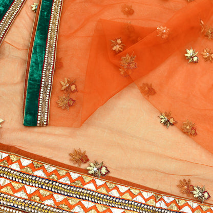 Indian Vintage Heavy Wedding Orange Net/Mesh/ Velvet Hand Embroidered Dupatta Designer By Anamika Khanna Bridal Wear Zardozi Veil Hijab