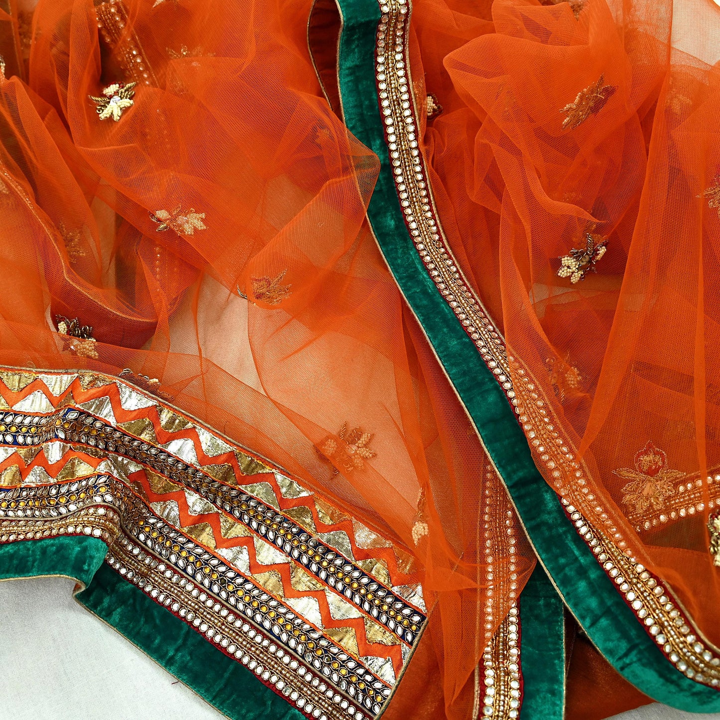 Indian Vintage Heavy Wedding Orange Net/Mesh/ Velvet Hand Embroidered Dupatta Designer By Anamika Khanna Bridal Wear Zardozi Veil Hijab