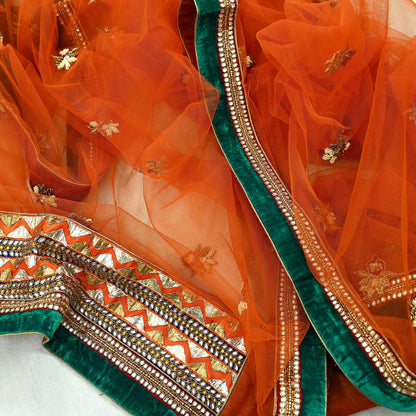 Indian Vintage Heavy Wedding Orange Net/Mesh/ Velvet Hand Embroidered Dupatta Designer By Anamika Khanna Bridal Wear Zardozi Veil Hijab