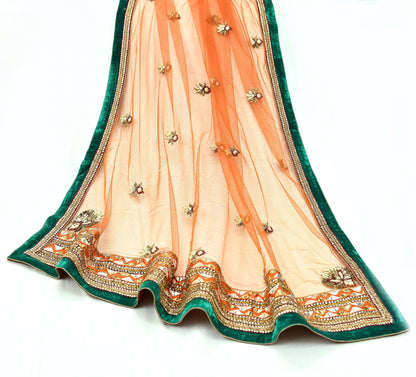Indian Vintage Heavy Wedding Orange Net/Mesh/ Velvet Hand Embroidered Dupatta Designer By Anamika Khanna Bridal Wear Zardozi Veil Hijab