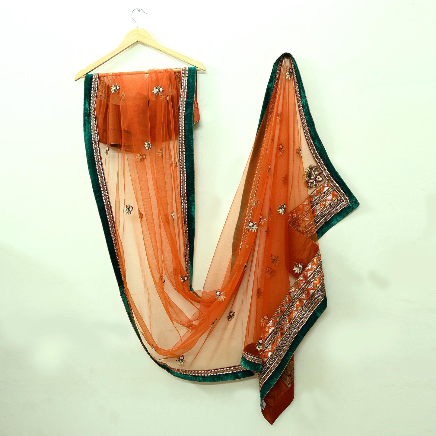 Indian Vintage Heavy Wedding Orange Net/Mesh/ Velvet Hand Embroidered Dupatta Designer By Anamika Khanna Bridal Wear Zardozi Veil Hijab