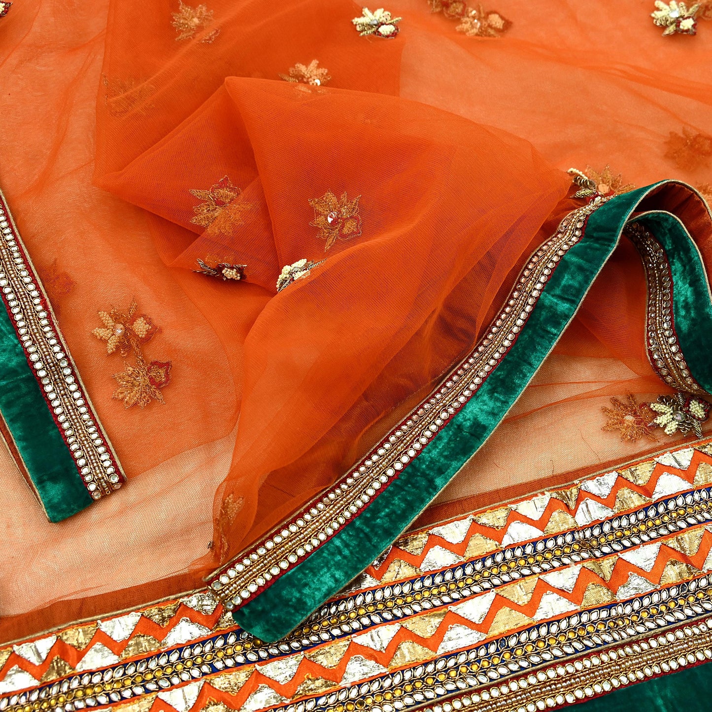 Indian Vintage Heavy Wedding Orange Net/Mesh/ Velvet Hand Embroidered Dupatta Designer By Anamika Khanna Bridal Wear Zardozi Veil Hijab