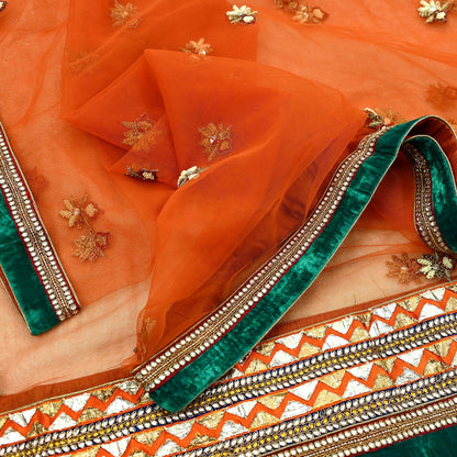 Indian Vintage Heavy Wedding Orange Net/Mesh/ Velvet Hand Embroidered Dupatta Designer By Anamika Khanna Bridal Wear Zardozi Veil Hijab