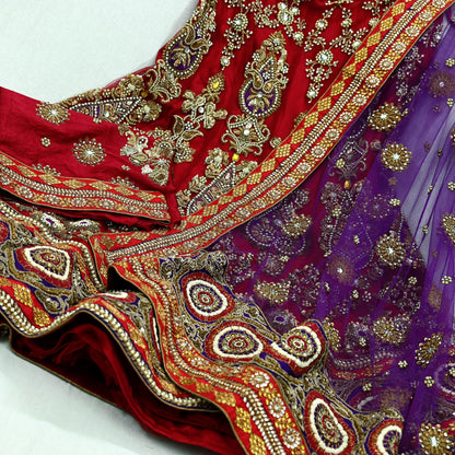 Indian Heavy Wedding Red & Purple Net/Mesh Hand Embroidered Lehenga 3pcs Set Designer By Anamika Khanna Party Wear