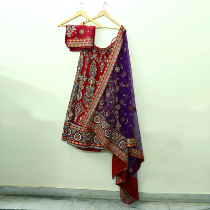Indian Heavy Wedding Red & Purple Net/Mesh Hand Embroidered Lehenga 3pcs Set Designer By Anamika Khanna Party Wear