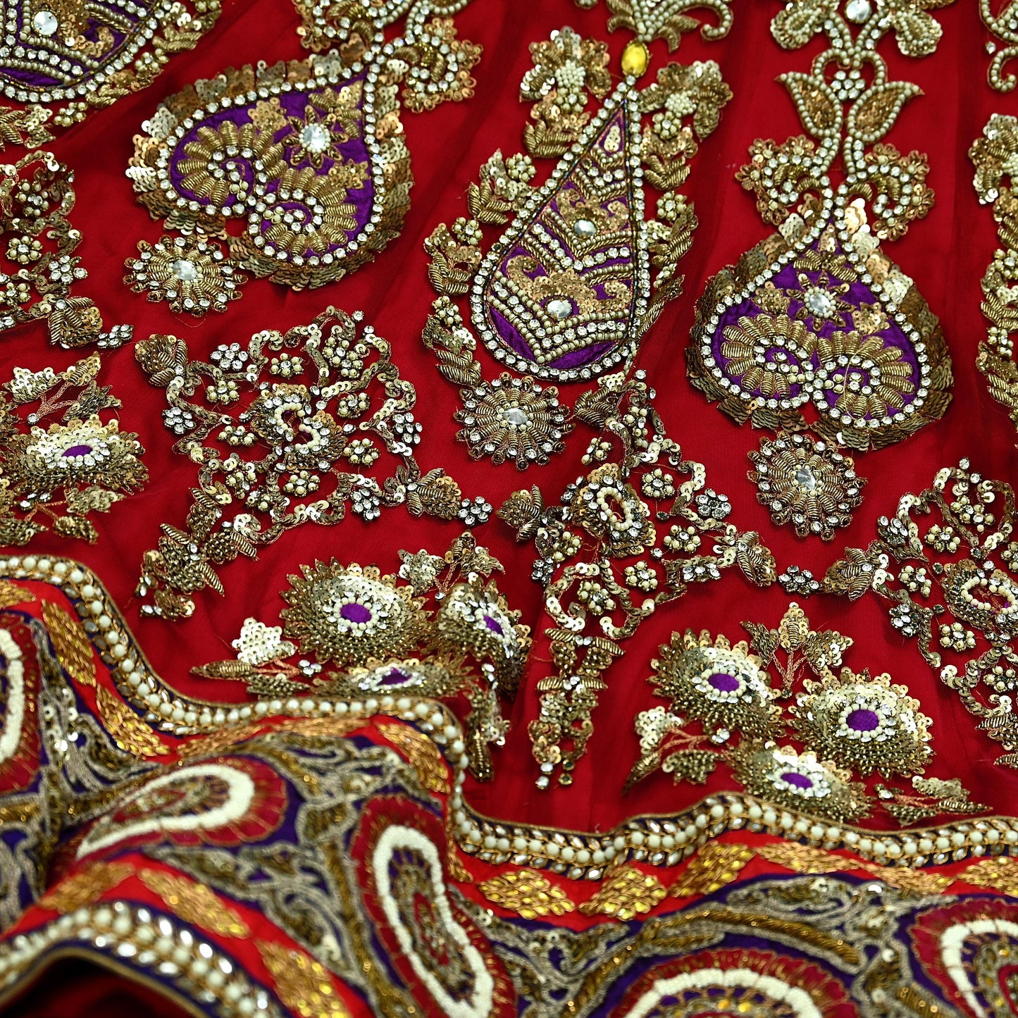 Indian Heavy Wedding Red & Purple Net/Mesh Hand Embroidered Lehenga 3pcs Set Designer By Anamika Khanna Party Wear