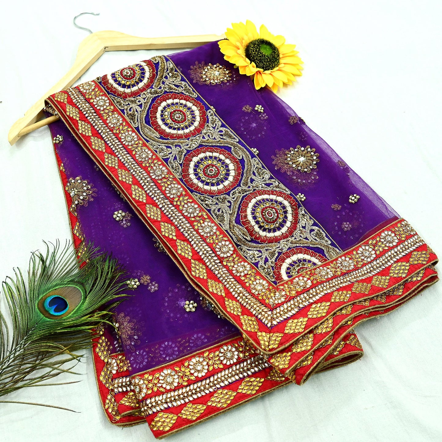 Indian Vintage Heavy Wedding Purple Net/Mesh/ Velvet Hand Embroidered Dupatta Designer By Anamika Khanna Bridal Wear Zardozi Dabka Hijab