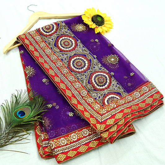 Indian Vintage Heavy Wedding Purple Net/Mesh/ Velvet Hand Embroidered Dupatta Designer By Anamika Khanna Bridal Wear Zardozi Dabka Hijab