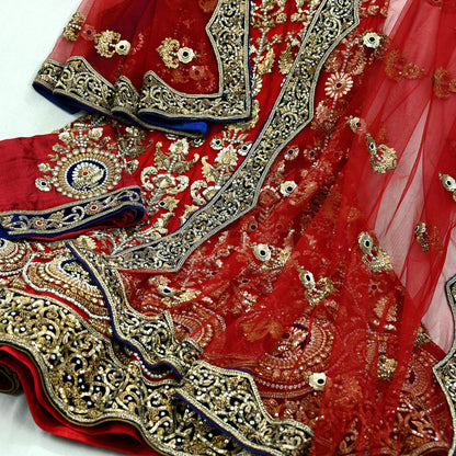 Indian Heavy Wedding Red Net/Mesh Hand Embroidered Lehenga 3pcs Set Designer By Anamika Khanna Party Wear