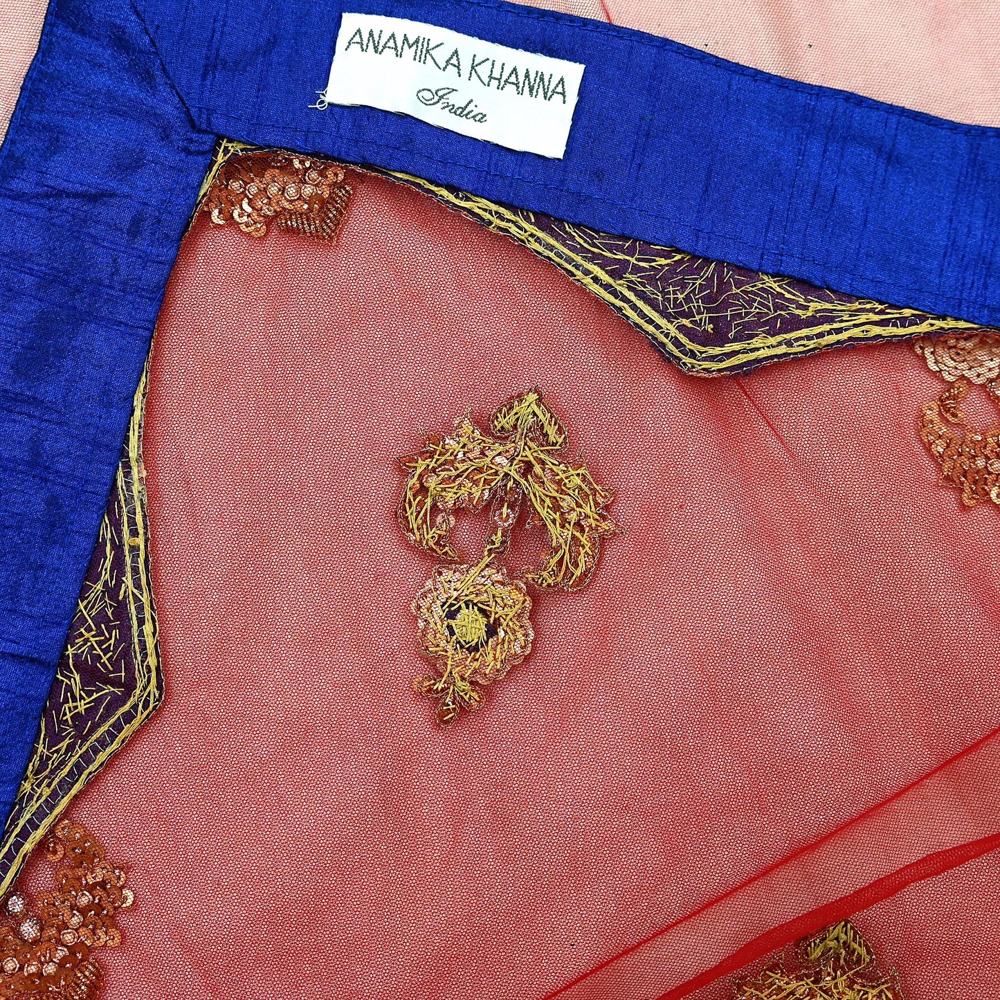 Indian Vintage Heavy Wedding Red Net/Mesh/ Velvet Hand Embroidered Dupatta Designer By Anamika Khanna Bridal Wear Dabka Zardozi Veil Hijab