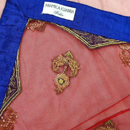 Indian Vintage Heavy Wedding Red Net/Mesh/ Velvet Hand Embroidered Dupatta Designer By Anamika Khanna Bridal Wear Dabka Zardozi Veil Hijab