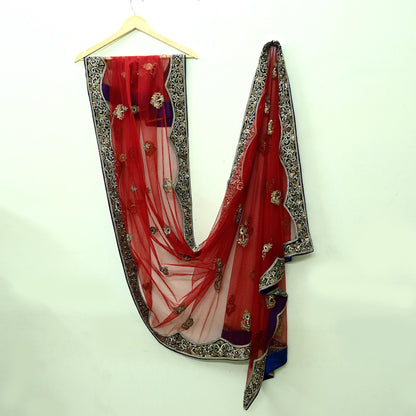 Indian Vintage Heavy Wedding Red Net/Mesh/ Velvet Hand Embroidered Dupatta Designer By Anamika Khanna Bridal Wear Dabka Zardozi Veil Hijab