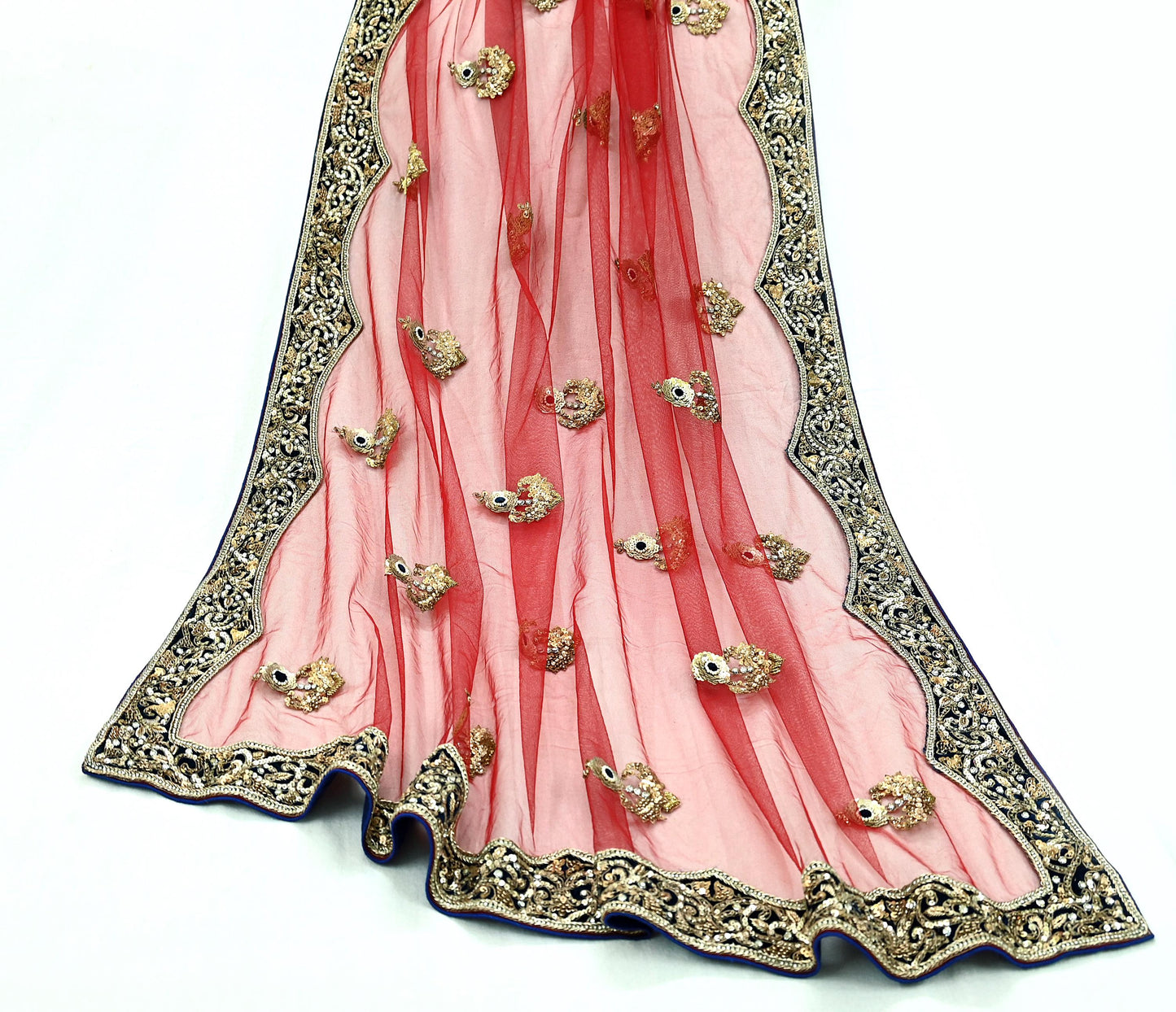 Indian Vintage Heavy Wedding Red Net/Mesh/ Velvet Hand Embroidered Dupatta Designer By Anamika Khanna Bridal Wear Dabka Zardozi Veil Hijab