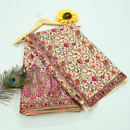 Indian Pre-owned Heavy Sari Beige Pure Georgette Silk Hand Embroidered Sarees Designer Abu Jani 5Yd Sewing Ethnic Sarees