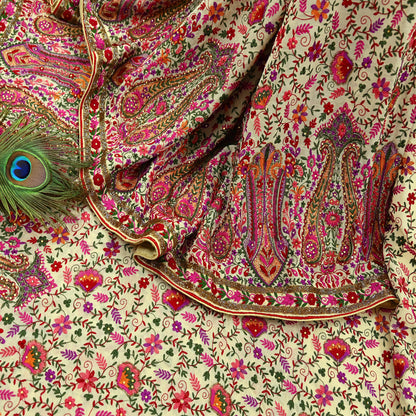 Indian Pre-owned Heavy Sari Beige Pure Georgette Silk Hand Embroidered Sarees Designer Abu Jani 5Yd Sewing Ethnic Sarees