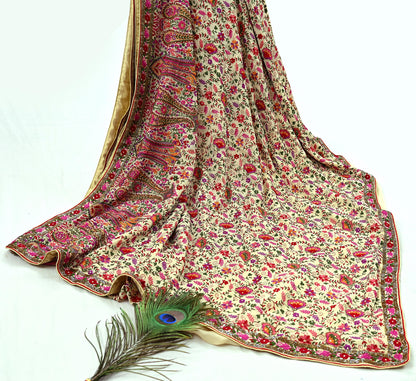 Indian Pre-owned Heavy Sari Beige Pure Georgette Silk Hand Embroidered Sarees Designer Abu Jani 5Yd Sewing Ethnic Sarees