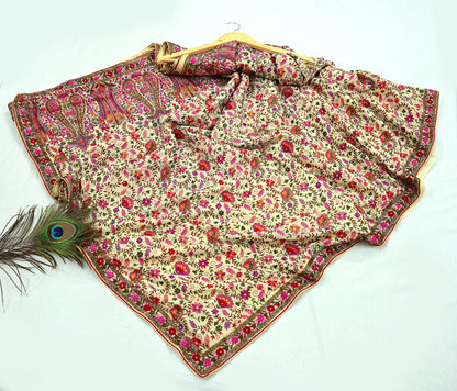 Indian Pre-owned Heavy Sari Beige Pure Georgette Silk Hand Embroidered Sarees Designer Abu Jani 5Yd Sewing Ethnic Sarees