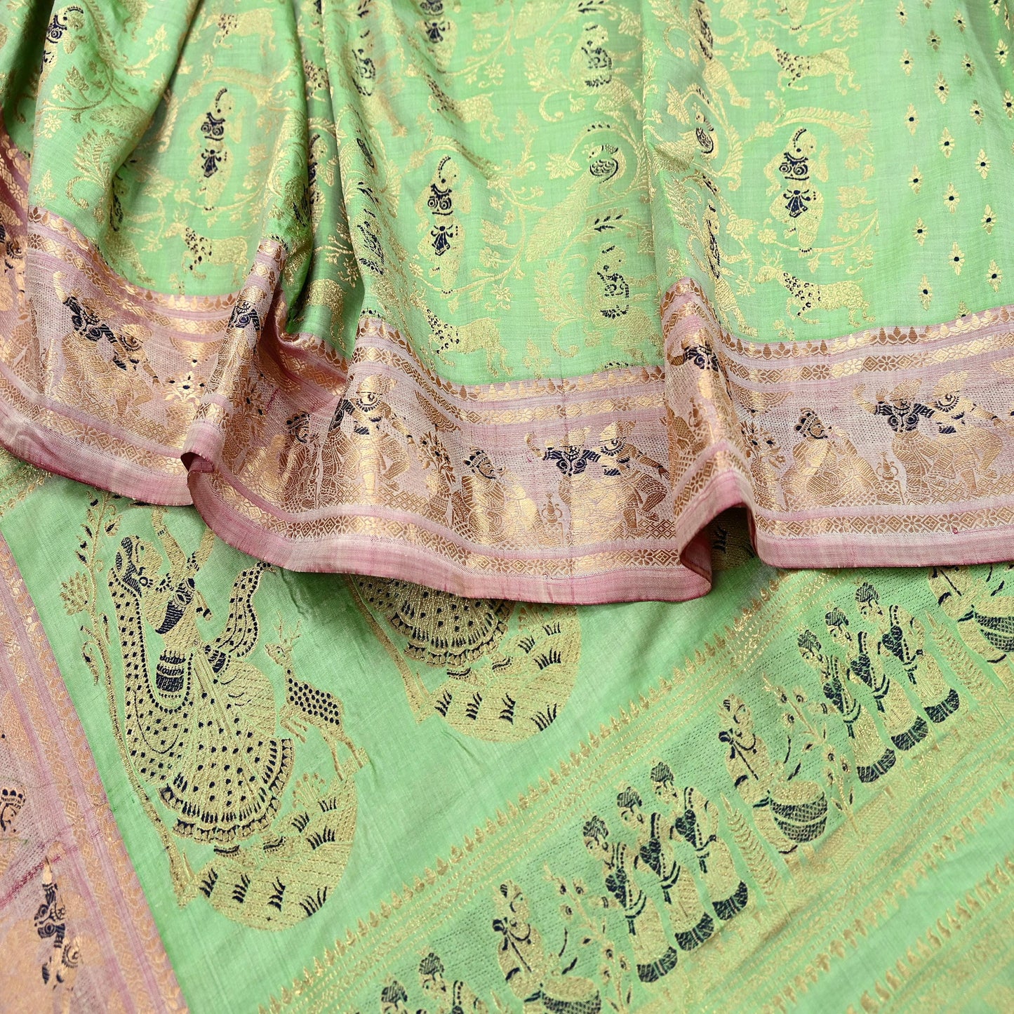 Antique look Indian Vintage Green Woven Baluchari Sari Sarees 100% Pure Silk Sari Craft Fabric Metallic Zari 5Yd Dress making For Crafting