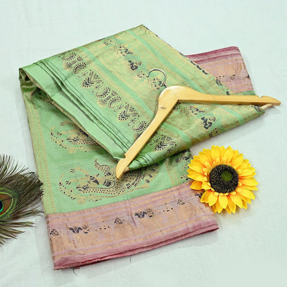 Antique look Indian Vintage Green Woven Baluchari Sari Sarees 100% Pure Silk Sari Craft Fabric Metallic Zari 5Yd Dress making For Crafting