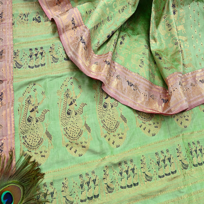 Antique look Indian Vintage Green Woven Baluchari Sari Sarees 100% Pure Silk Sari Craft Fabric Metallic Zari 5Yd Dress making For Crafting