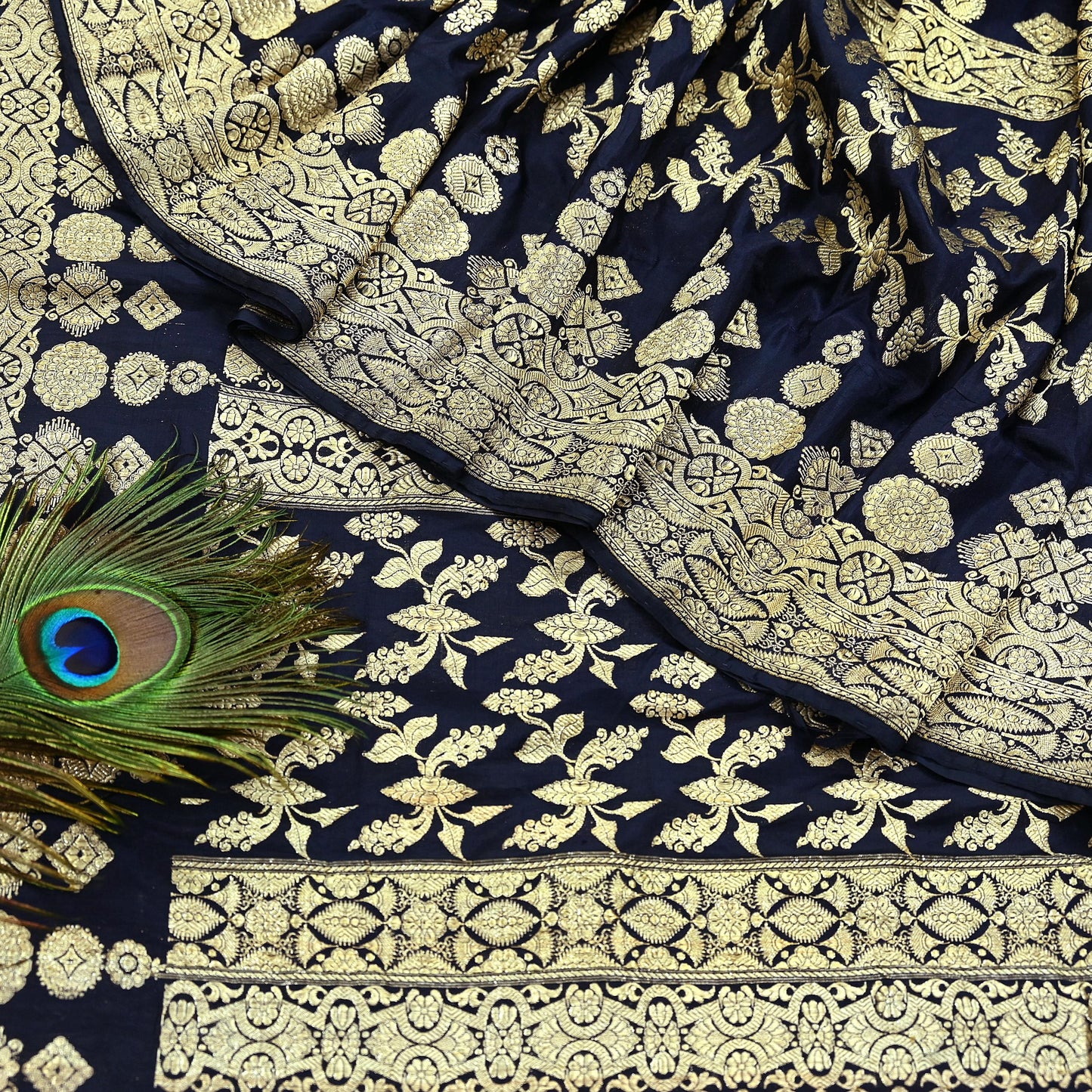64 years old Indian Antique Vintage Heavy Wedding Sari Deep Blue Pure Silk Hand Woven Banarasi Sarees Zari 5Yd Pre-owned Dress Designing