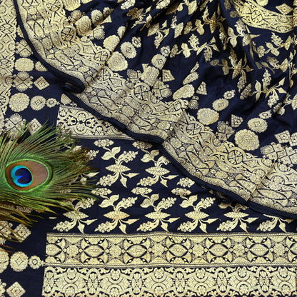 64 years old Indian Antique Vintage Heavy Wedding Sari Deep Blue Pure Silk Hand Woven Banarasi Sarees Zari 5Yd Pre-owned Dress Designing