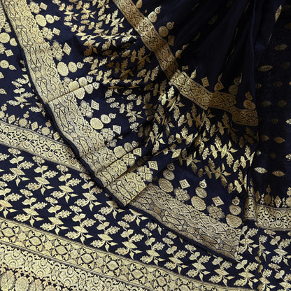 64 years old Indian Antique Vintage Heavy Wedding Sari Deep Blue Pure Silk Hand Woven Banarasi Sarees Zari 5Yd Pre-owned Dress Designing