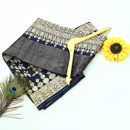 64 years old Indian Antique Vintage Heavy Wedding Sari Deep Blue Pure Silk Hand Woven Banarasi Sarees Zari 5Yd Pre-owned Dress Designing