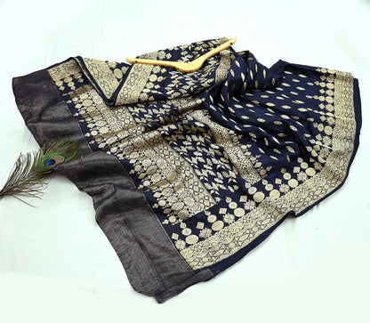 64 years old Indian Antique Vintage Heavy Wedding Sari Deep Blue Pure Silk Hand Woven Banarasi Sarees Zari 5Yd Pre-owned Dress Designing