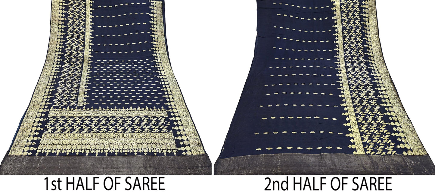 64 years old Indian Antique Vintage Heavy Wedding Sari Deep Blue Pure Silk Hand Woven Banarasi Sarees Zari 5Yd Pre-owned Dress Designing