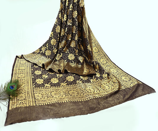 64 years old Indian Antique Vintage Heavy Wedding Sari Brown Pure Silk Hand Woven Banarasi Sarees Zari 5Yd Pre-owned Dress Designing