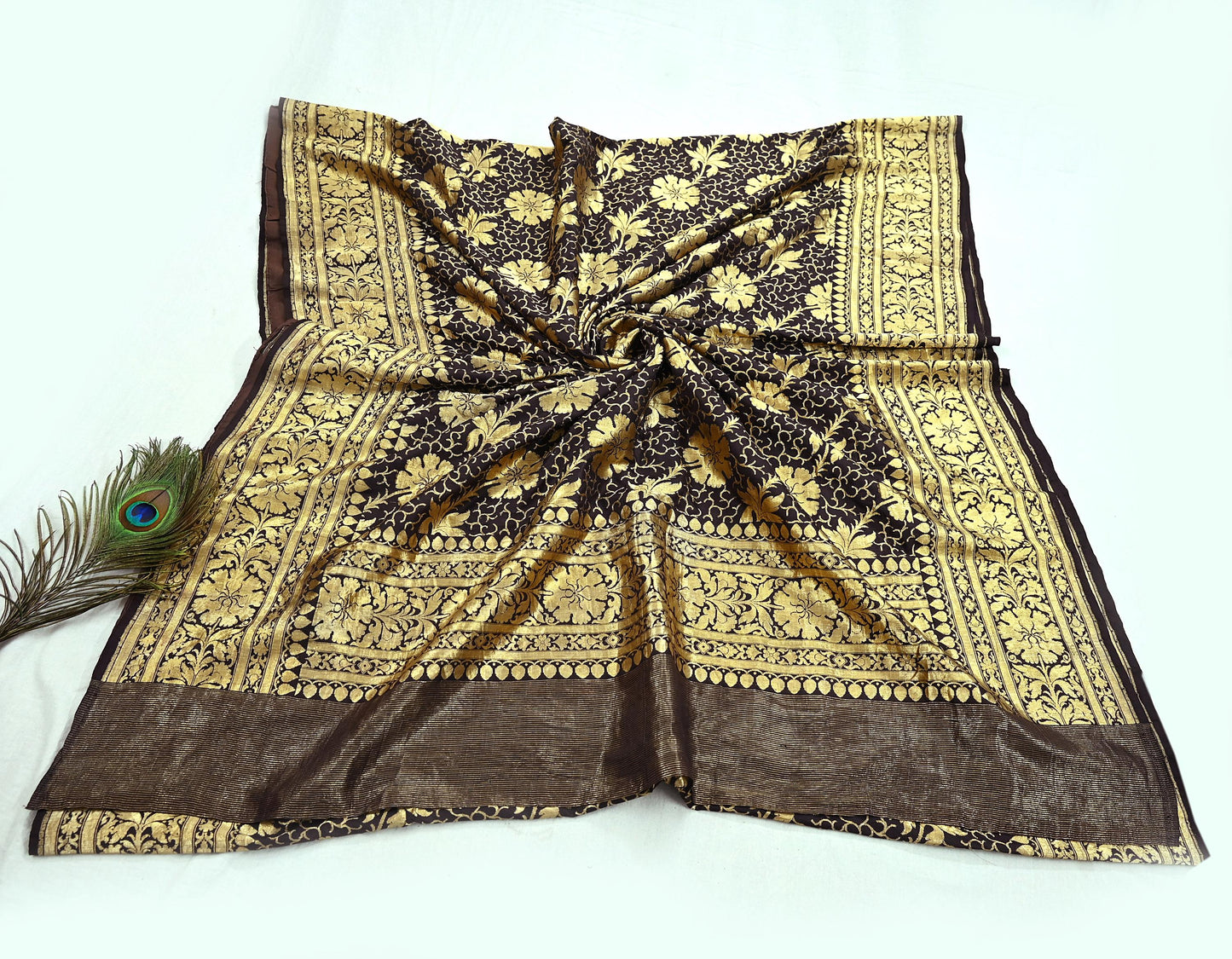 64 years old Indian Antique Vintage Heavy Wedding Sari Brown Pure Silk Hand Woven Banarasi Sarees Zari 5Yd Pre-owned Dress Designing