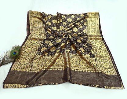 64 years old Indian Antique Vintage Heavy Wedding Sari Brown Pure Silk Hand Woven Banarasi Sarees Zari 5Yd Pre-owned Dress Designing