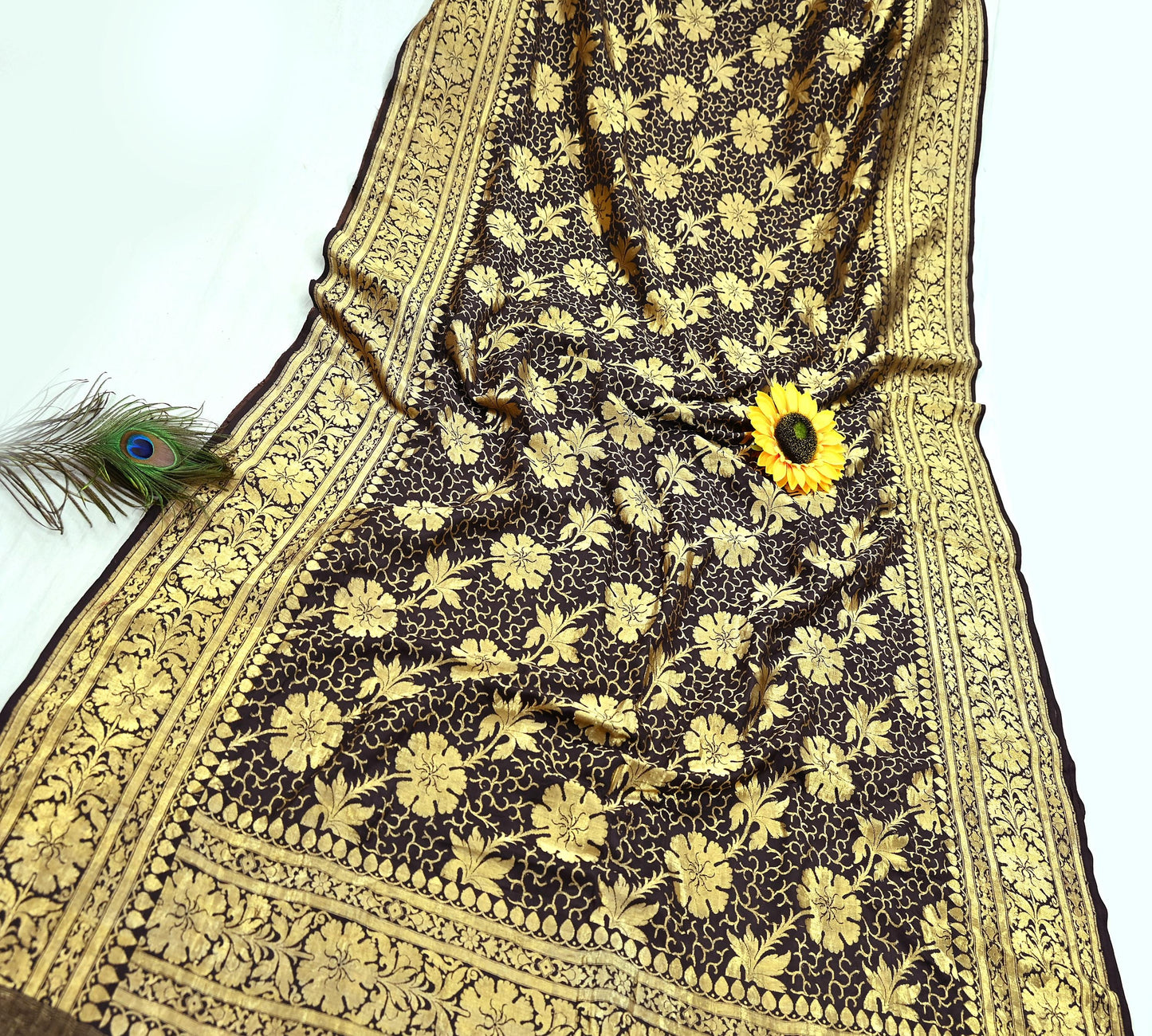 64 years old Indian Antique Vintage Heavy Wedding Sari Brown Pure Silk Hand Woven Banarasi Sarees Zari 5Yd Pre-owned Dress Designing